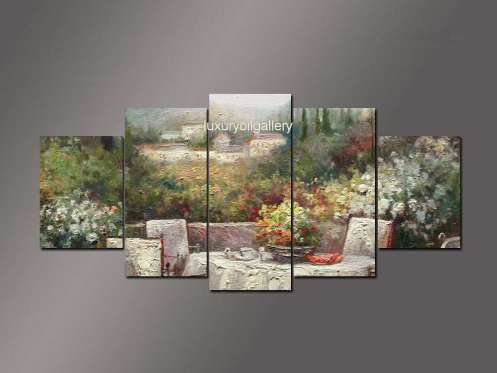 ציור חמישה חלקים שולחן חצר וגינה פורחת